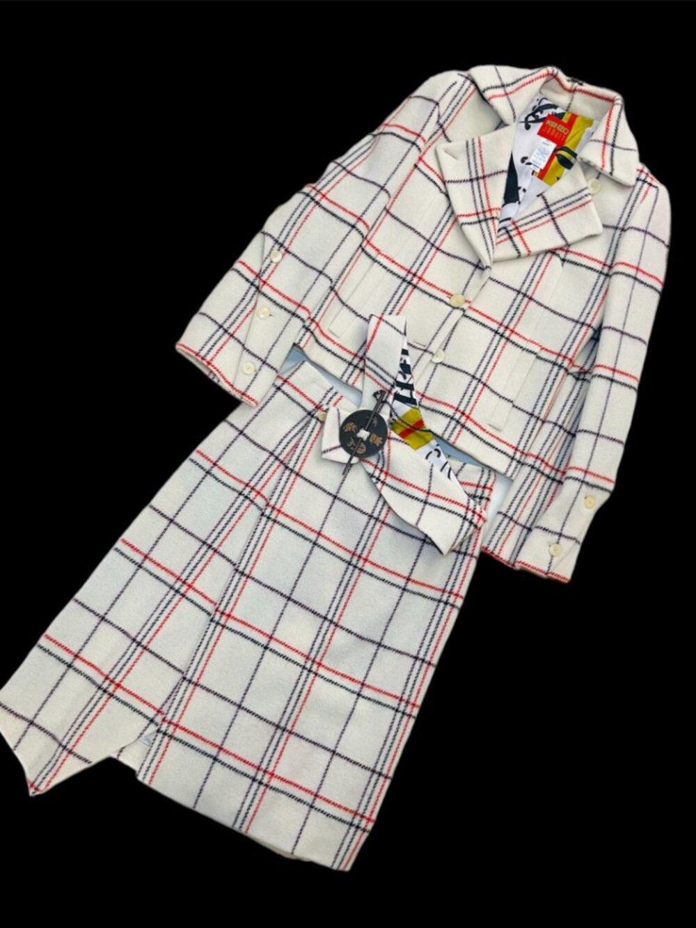 Kenzo Jungle One of a kind Blue Red Beige Plaid 3 pc Suit Skirt 100% Wool